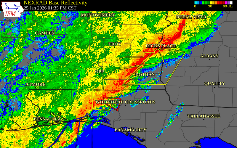 NEXRAD radar during the Sunday, January 25, 2026 storm activity in Coffee County, Alabama