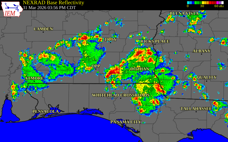 NEXRAD radar during the Tuesday, March 31, 2026 storm activity in Coffee County, Alabama