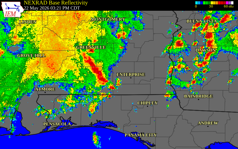 NEXRAD radar during the Friday, May 22, 2026 storm activity in Coffee County, Alabama