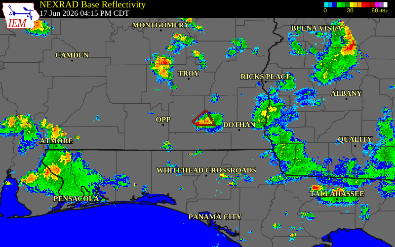 NEXRAD radar during the Wednesday, June 17, 2026 storm activity in Coffee County, Alabama