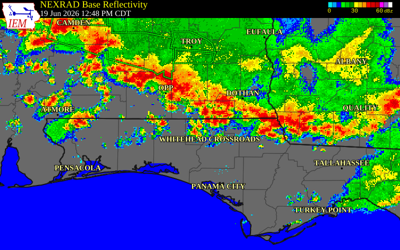 NEXRAD radar during the Friday, June 19, 2026 storm activity in Coffee County, Alabama