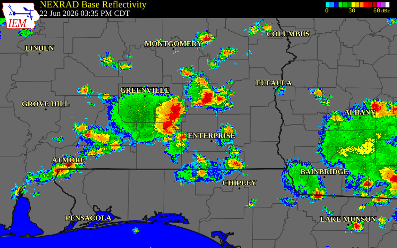 NEXRAD radar during the Monday, June 22, 2026 storm activity in Coffee County, Alabama