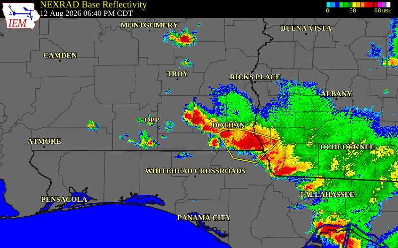 NEXRAD radar during the Wednesday, August 12, 2026 storm activity in Coffee County, Alabama