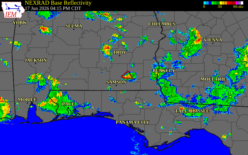 Radar snapshot during the Jun 17, 2026 tornado event near Enterprise, Coffee County, Alabama, with NWS warning polygons