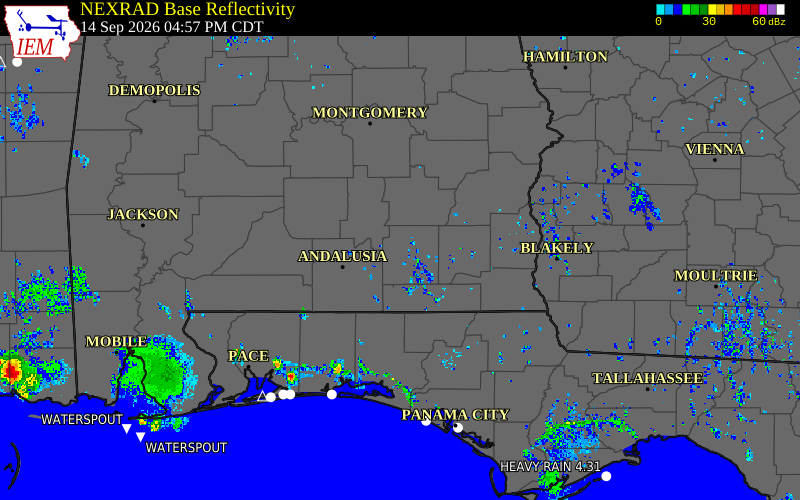 Current NEXRAD radar over Coffee County, Alabama with recent storm report locations