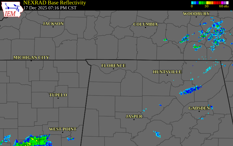 NEXRAD radar during the Wednesday, December 17, 2025 storm activity in Colbert County, Alabama
