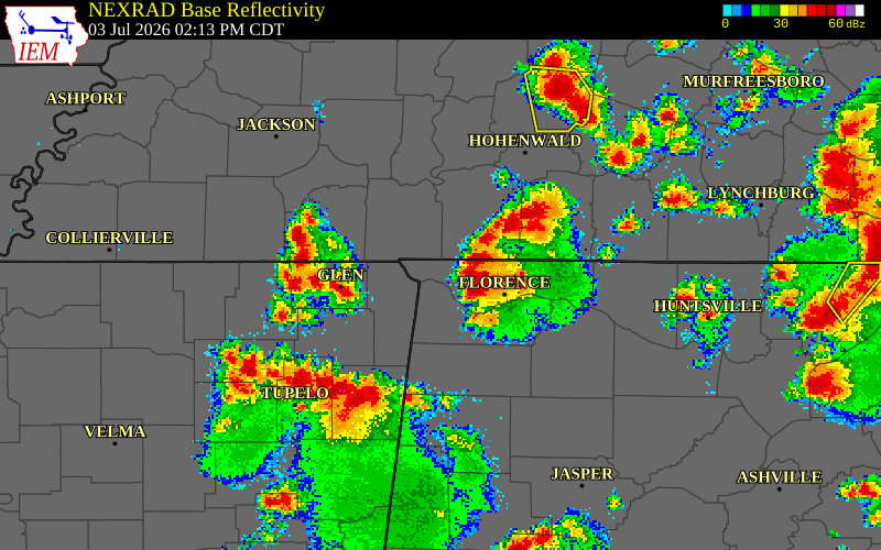 NEXRAD radar during the Friday, July 3, 2026 storm activity in Colbert County, Alabama