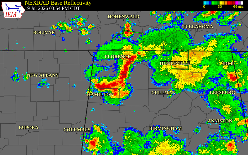 NEXRAD radar during the Sunday, July 19, 2026 storm activity in Colbert County, Alabama