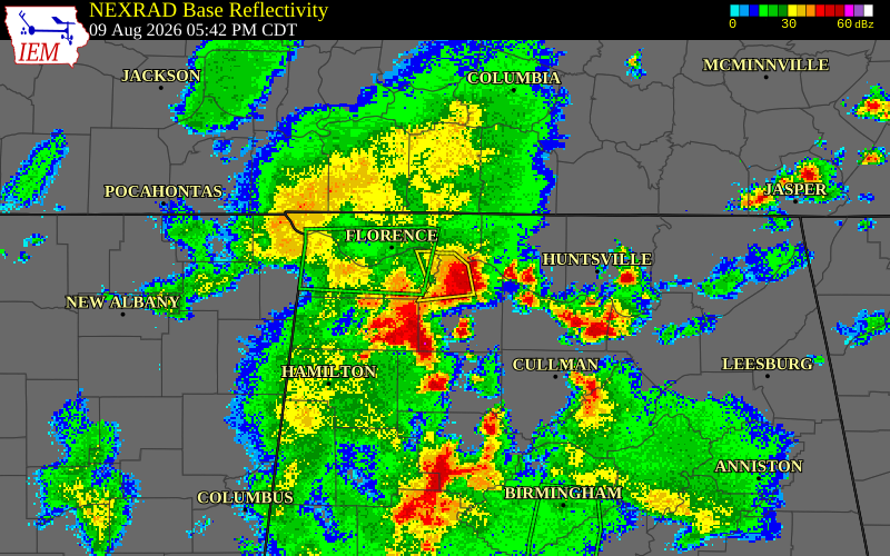 NEXRAD radar during the Sunday, August 9, 2026 storm activity in Colbert County, Alabama