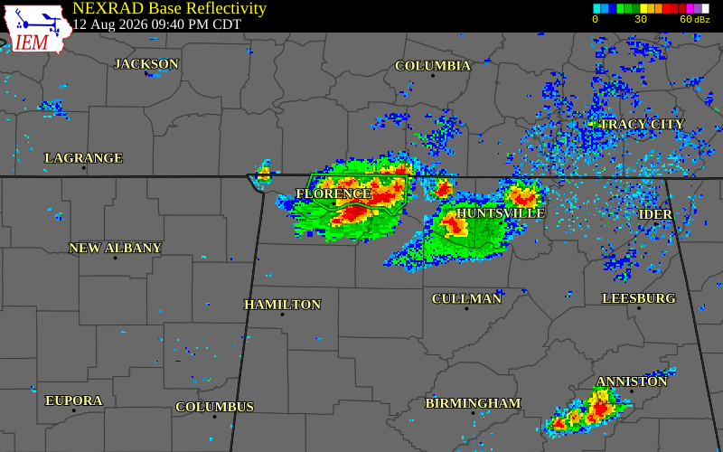NEXRAD radar during the Wednesday, August 12, 2026 storm activity in Colbert County, Alabama