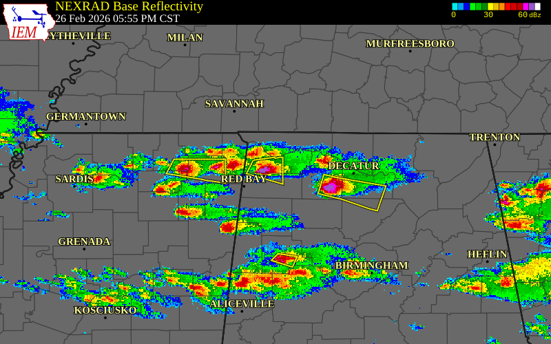 Radar snapshot during the Feb 26, 2026 hail event near 8 NW Russellville, Colbert County, Alabama, with NWS warning polygons