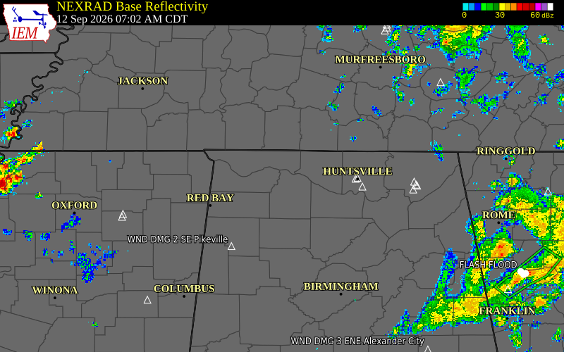 Current NEXRAD radar over Colbert County, Alabama with recent storm report locations