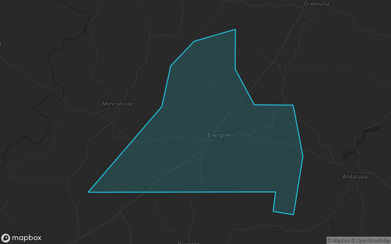 Map of Conecuh County, Alabama showing the county boundary and surrounding cities