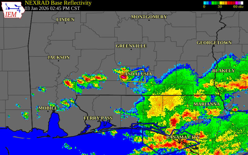 NEXRAD radar during the Saturday, January 3, 2026 storm activity in Conecuh County, Alabama