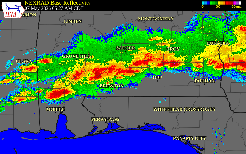 NEXRAD radar during the Thursday, May 7, 2026 storm activity in Conecuh County, Alabama