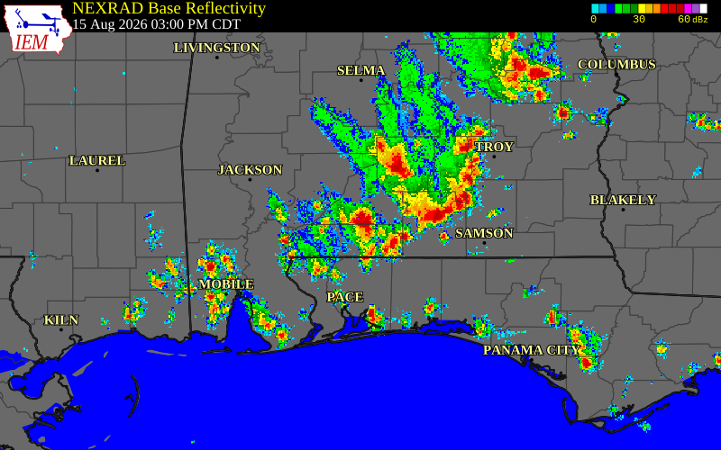 Radar snapshot during the Jan 25, 2026 wind event near Conecuh County, Conecuh County, Alabama, with NWS warning polygons