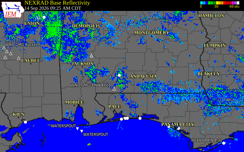 Current NEXRAD radar over Conecuh County, Alabama with recent storm report locations