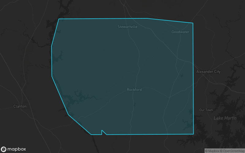 Map of Coosa County, Alabama showing the county boundary and surrounding cities