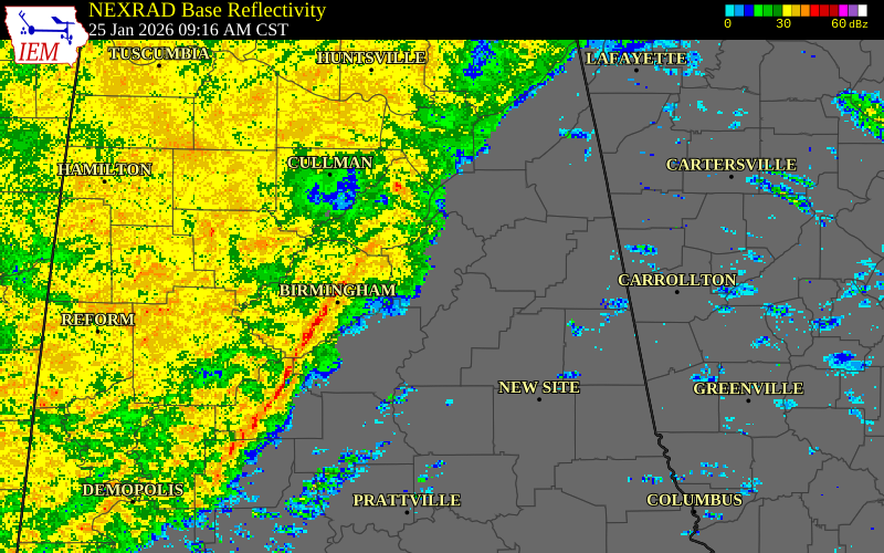 NEXRAD radar during the Sunday, January 25, 2026 storm activity in Coosa County, Alabama