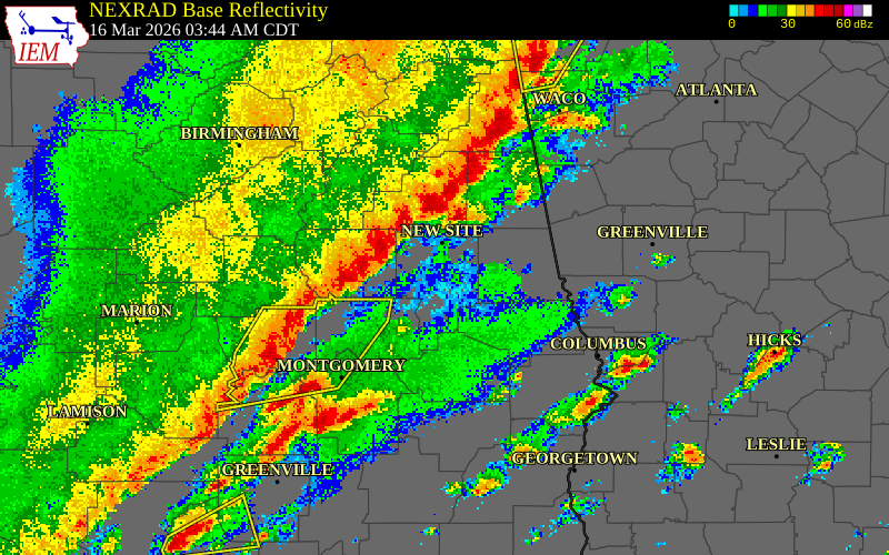 NEXRAD radar during the Monday, March 16, 2026 storm activity in Coosa County, Alabama