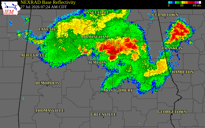 NEXRAD radar during the Monday, July 27, 2026 storm activity in Coosa County, Alabama