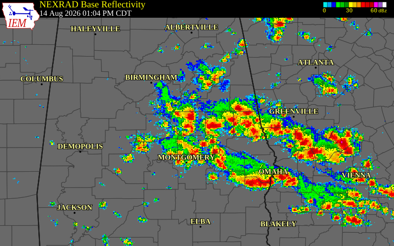 Radar snapshot during the Aug 1, 2026 wind event near Coosa County, Coosa County, Alabama, with NWS warning polygons