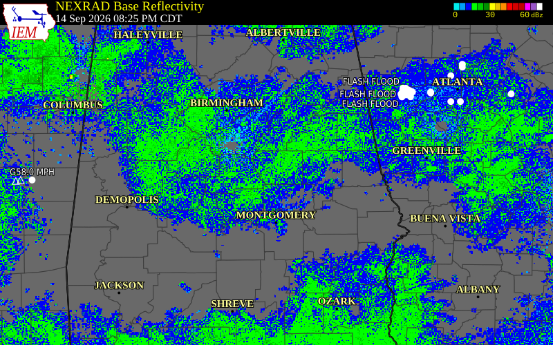 Current NEXRAD radar over Coosa County, Alabama with recent storm report locations