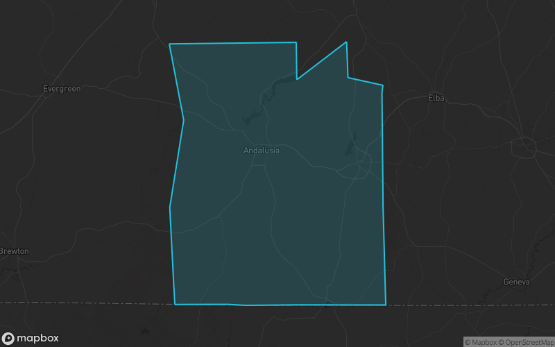 Map of Covington County, Alabama showing the county boundary and surrounding cities
