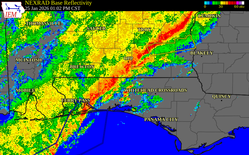 NEXRAD radar during the Sunday, January 25, 2026 storm activity in Covington County, Alabama