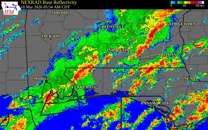 NEXRAD radar during the Monday, March 16, 2026 storm activity in Covington County, Alabama