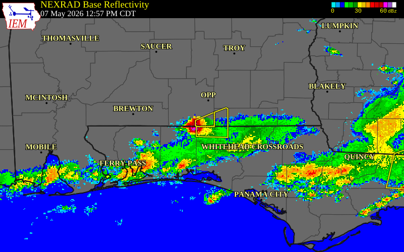 NEXRAD radar during the Thursday, May 7, 2026 storm activity in Covington County, Alabama