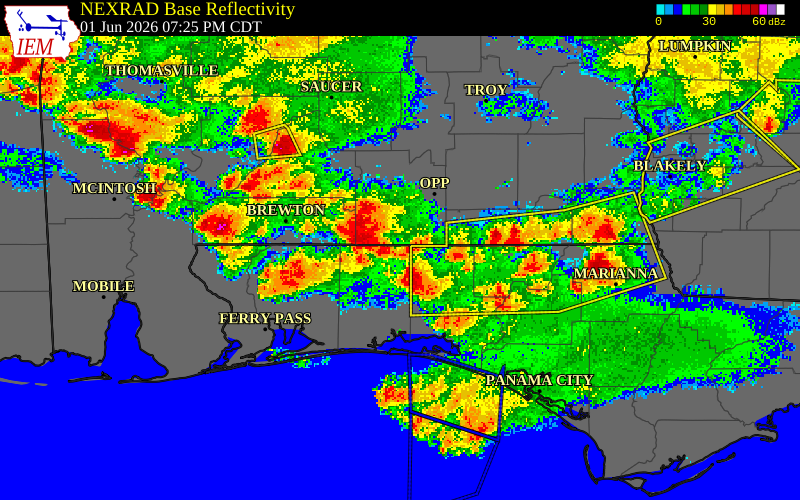 NEXRAD radar during the Monday, June 1, 2026 storm activity in Covington County, Alabama