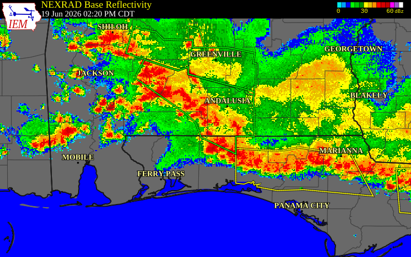 NEXRAD radar during the Friday, June 19, 2026 storm activity in Covington County, Alabama