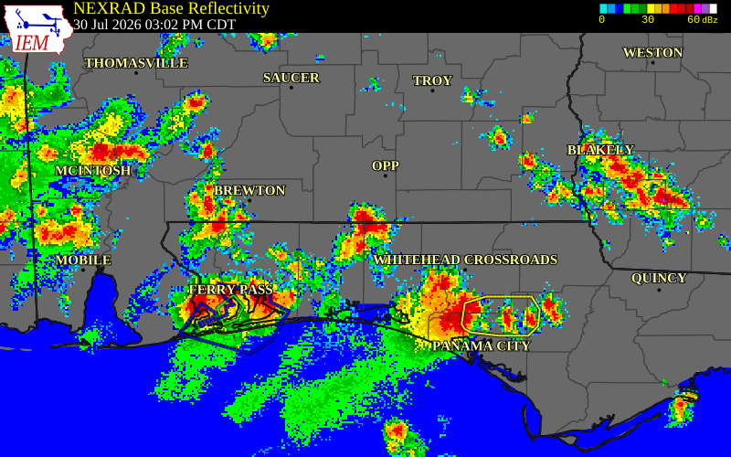 NEXRAD radar during the Thursday, July 30, 2026 storm activity in Covington County, Alabama