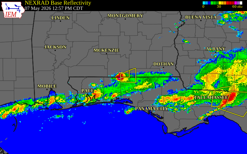 Radar snapshot during the May 7, 2026 hail event near Florala, Covington County, Alabama, with NWS warning polygons