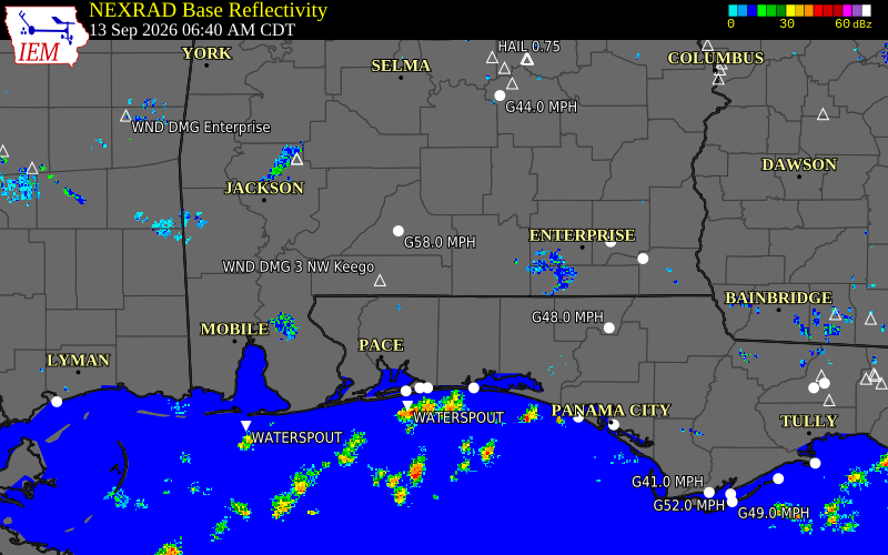 Current NEXRAD radar over Covington County, Alabama with recent storm report locations