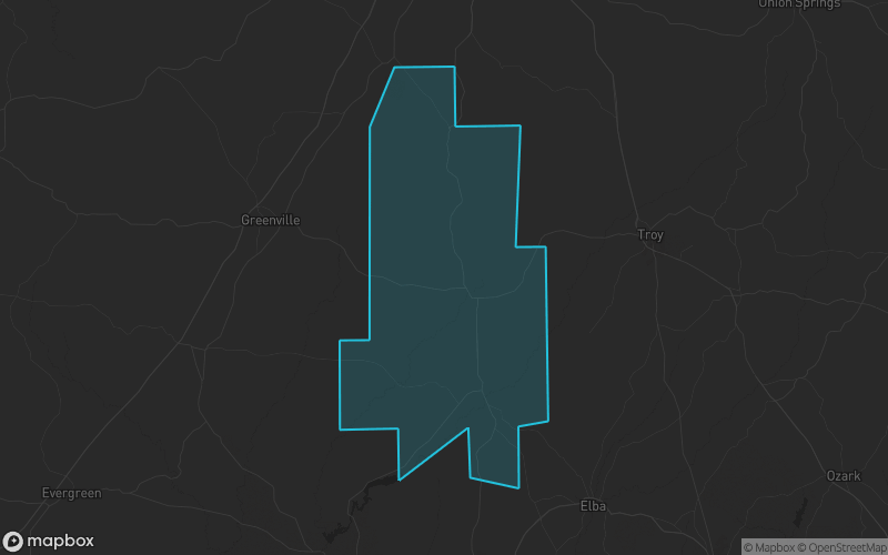 Map of Crenshaw County, Alabama showing the county boundary and surrounding cities