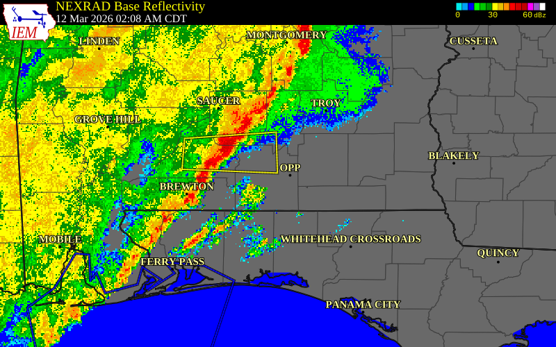 NEXRAD radar during the Thursday, March 12, 2026 storm activity in Crenshaw County, Alabama