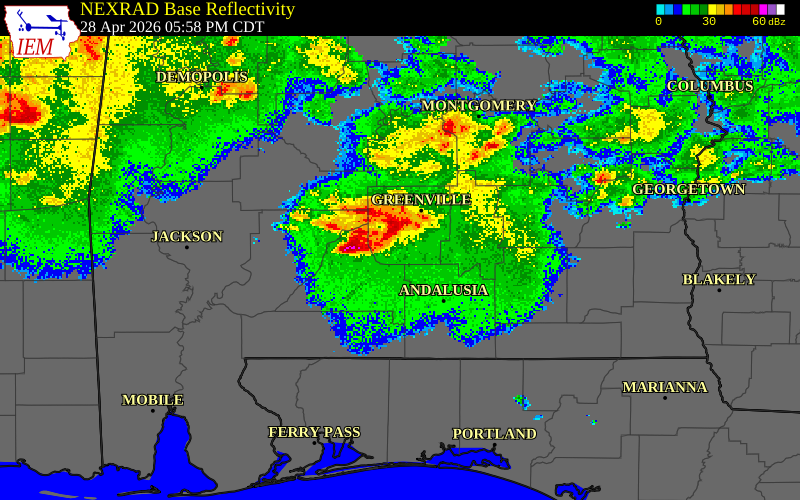 NEXRAD radar during the Tuesday, April 28, 2026 storm activity in Crenshaw County, Alabama