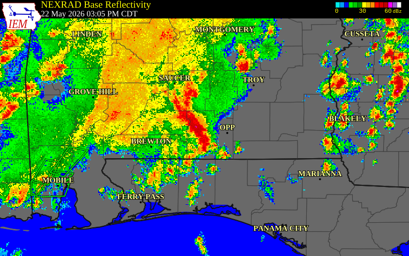 NEXRAD radar during the Friday, May 22, 2026 storm activity in Crenshaw County, Alabama