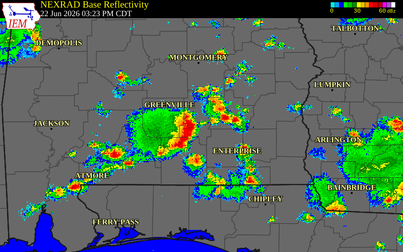 NEXRAD radar during the Monday, June 22, 2026 storm activity in Crenshaw County, Alabama