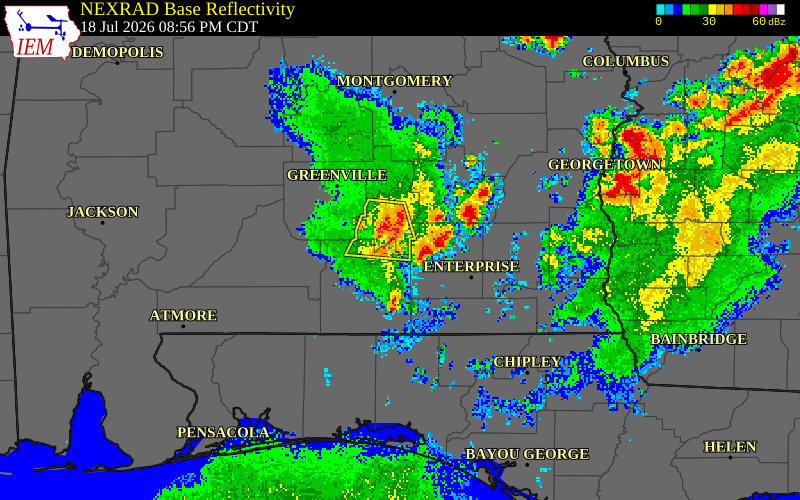 NEXRAD radar during the Saturday, July 18, 2026 storm activity in Crenshaw County, Alabama