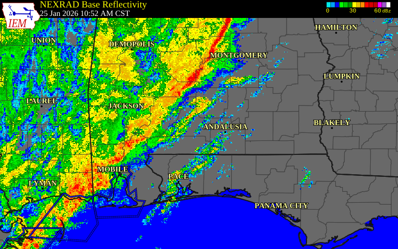 Radar snapshot during the Jan 25, 2026 wind event near Crenshaw County, Crenshaw County, Alabama, with NWS warning polygons