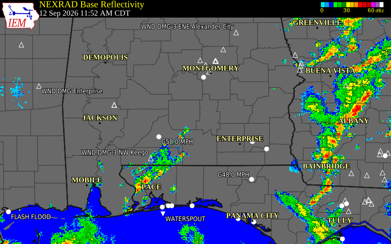 Current NEXRAD radar over Crenshaw County, Alabama with recent storm report locations