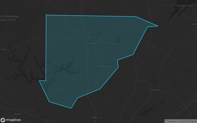 Map of Cullman County, Alabama showing the county boundary and surrounding cities