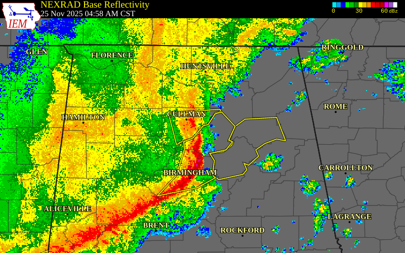 NEXRAD radar during the Tuesday, November 25, 2025 storm activity in Cullman County, Alabama