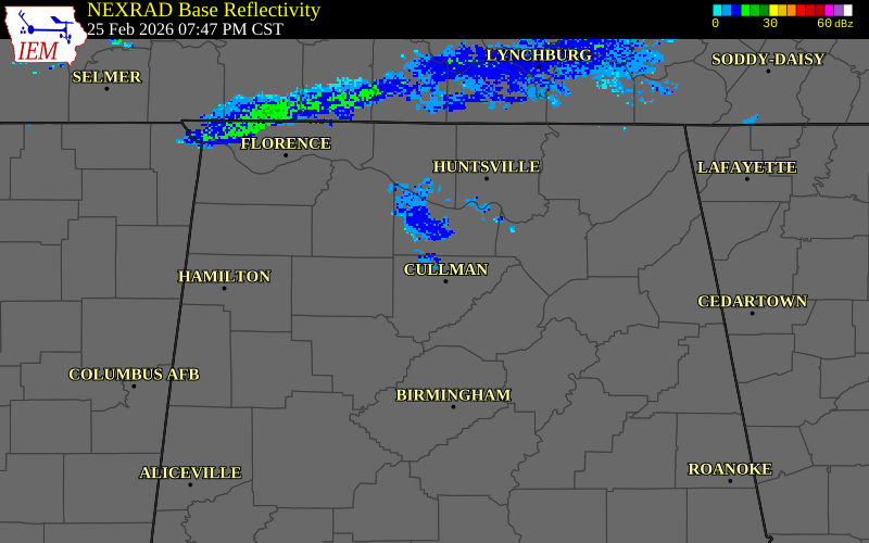 NEXRAD radar during the Wednesday, February 25, 2026 storm activity in Cullman County, Alabama