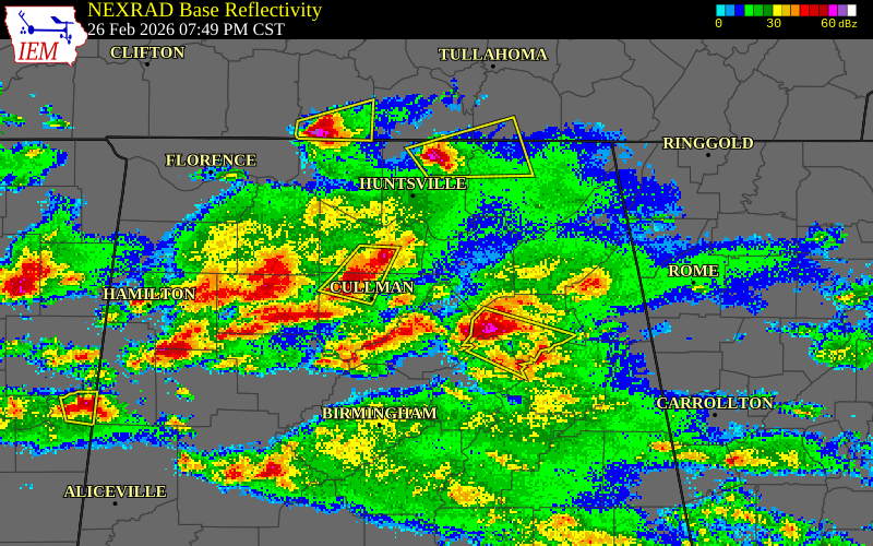 NEXRAD radar during the Thursday, February 26, 2026 storm activity in Cullman County, Alabama
