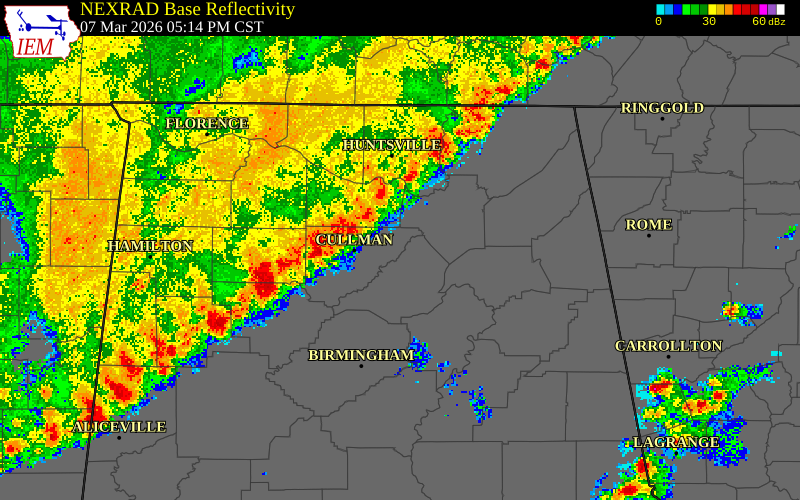 NEXRAD radar during the Saturday, March 7, 2026 storm activity in Cullman County, Alabama