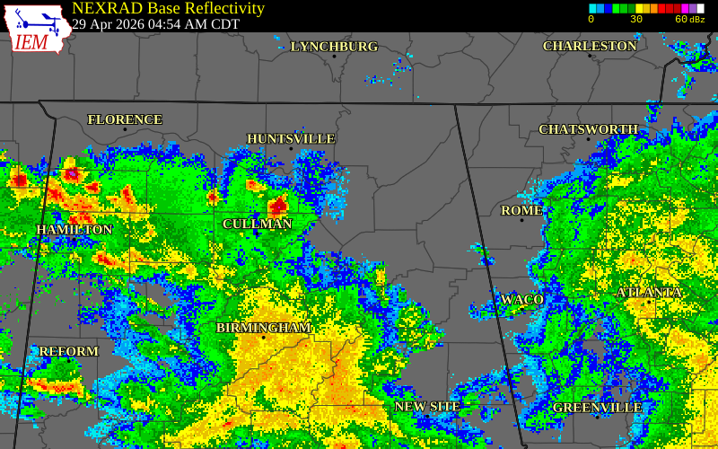 NEXRAD radar during the Wednesday, April 29, 2026 storm activity in Cullman County, Alabama